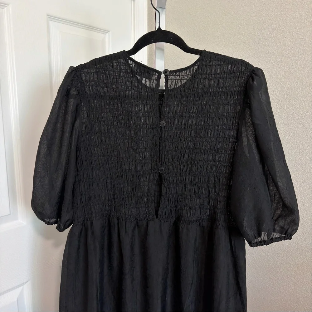 Ganni Black‎ Crinkled Georgette Smocked Midi Dress Size Large EU 40 Puff Sleeve